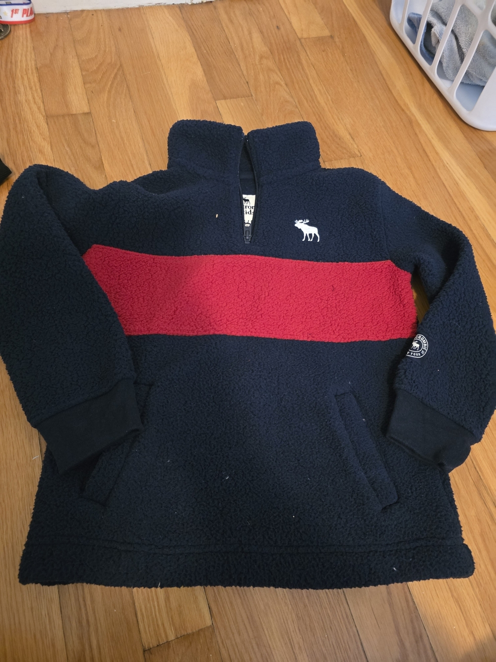abercrombie kids navy pullover with red stripe